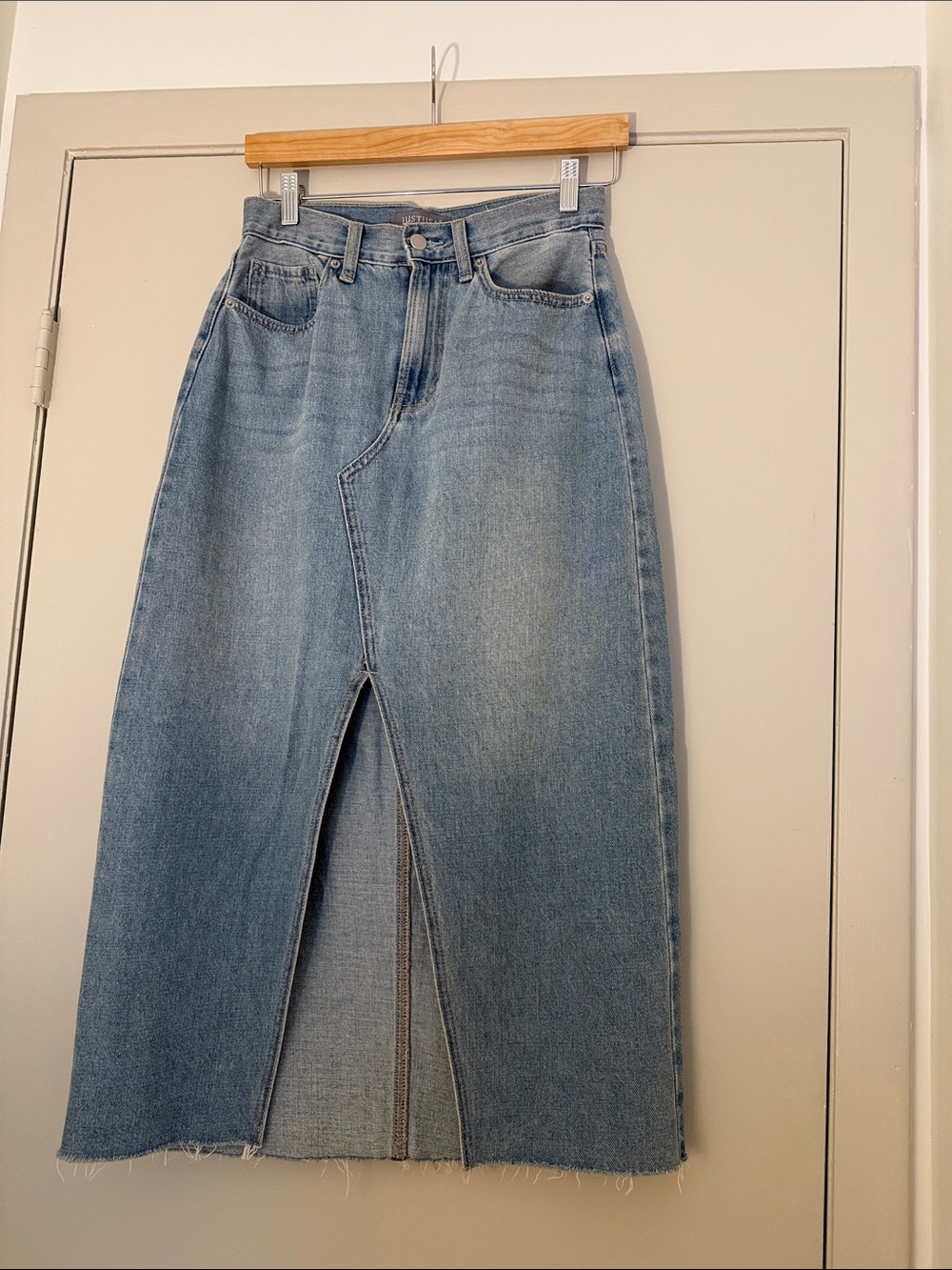 Just USA Light Blue Denim Midi Skirt with Front Center Slit